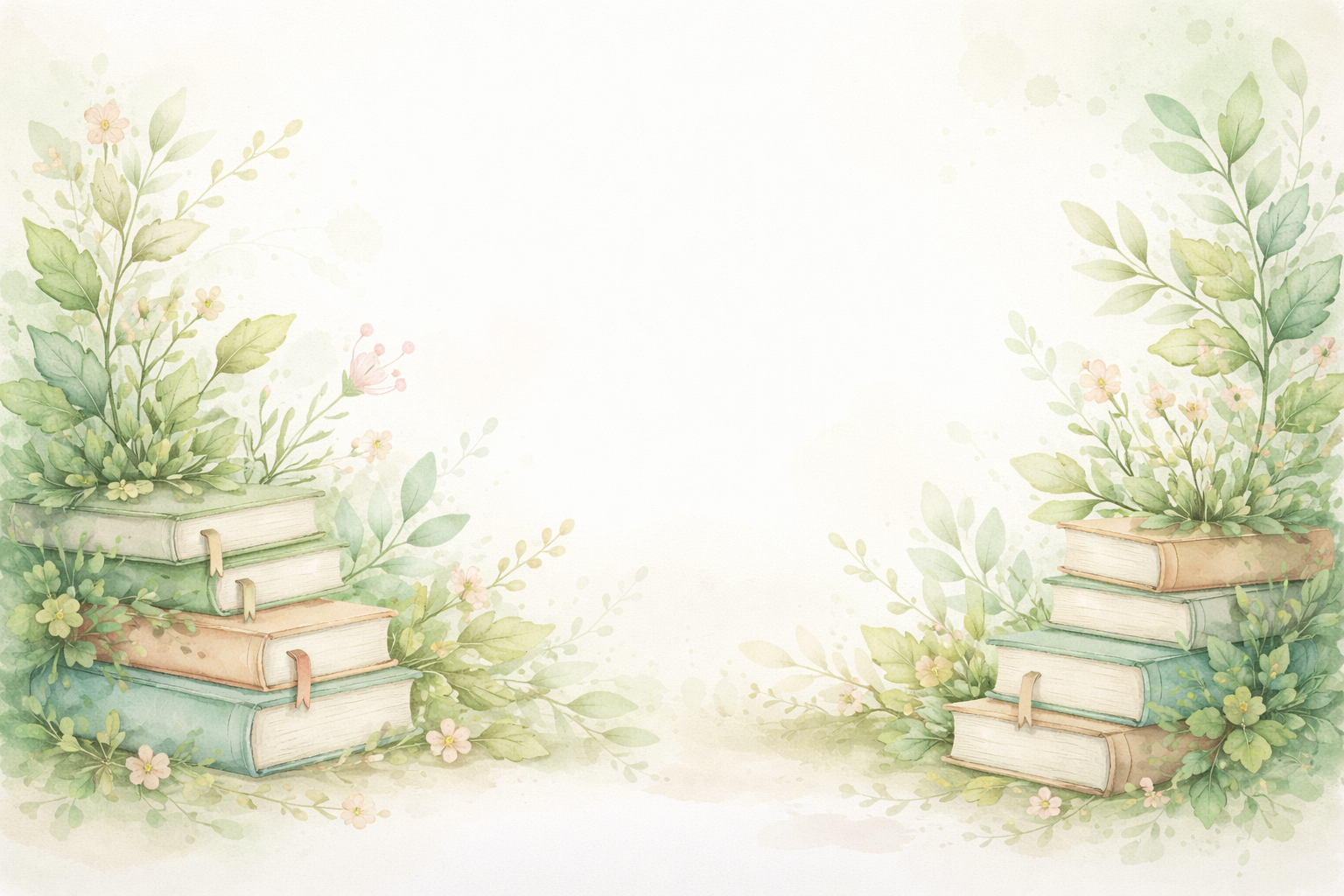 Ilustración en acuarela de libros apilados con hojas y flores en tonos verde pastel, beige y rosa suave, con fondo claro y espacio central vacío.